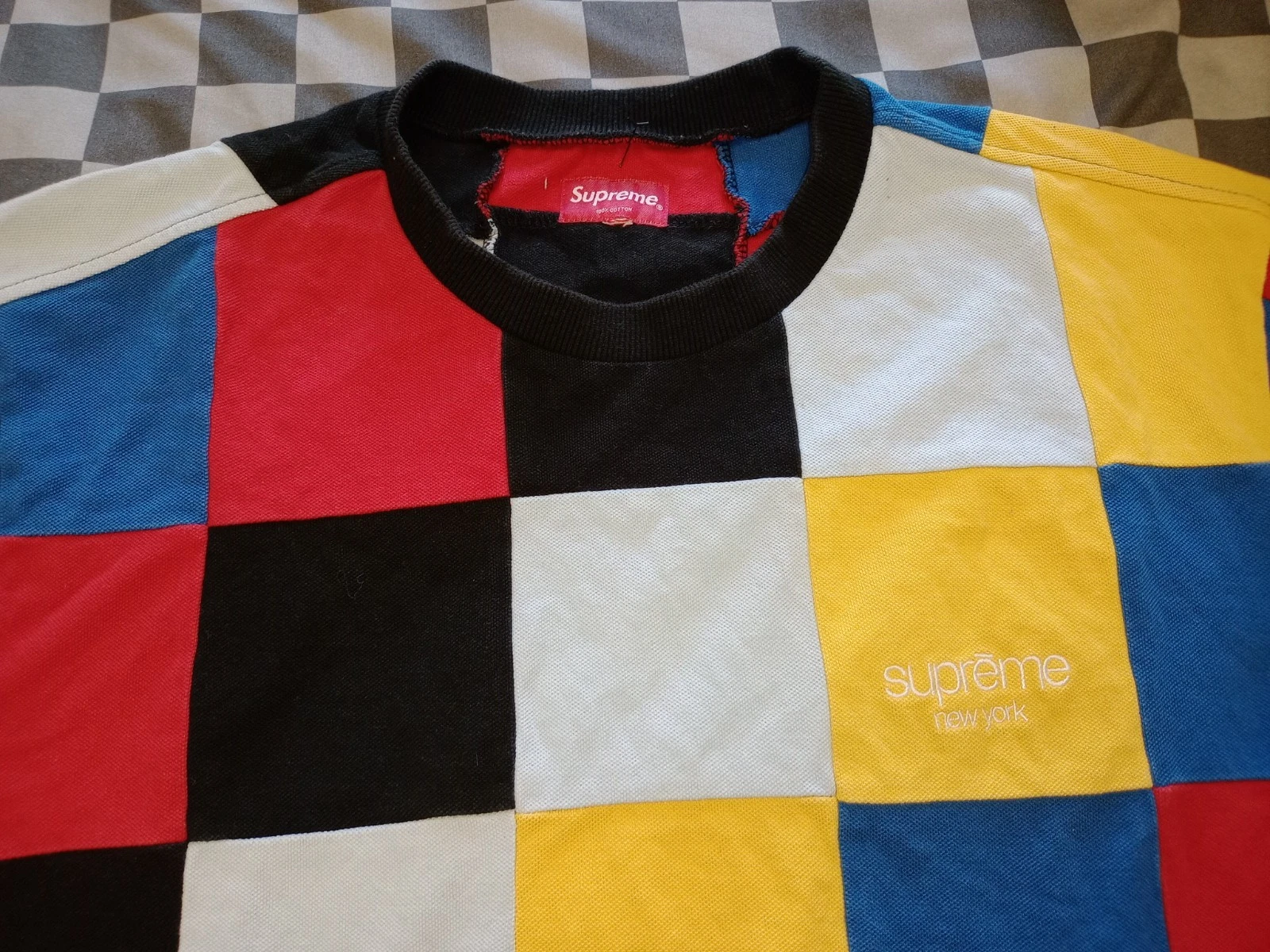 T shirt homme Supreme tissé grand arlequin couleur bloc motif manches courtes 