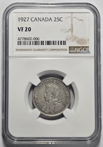 1927 CANADA 25 CENTS NGC VF 20 Certified Coin