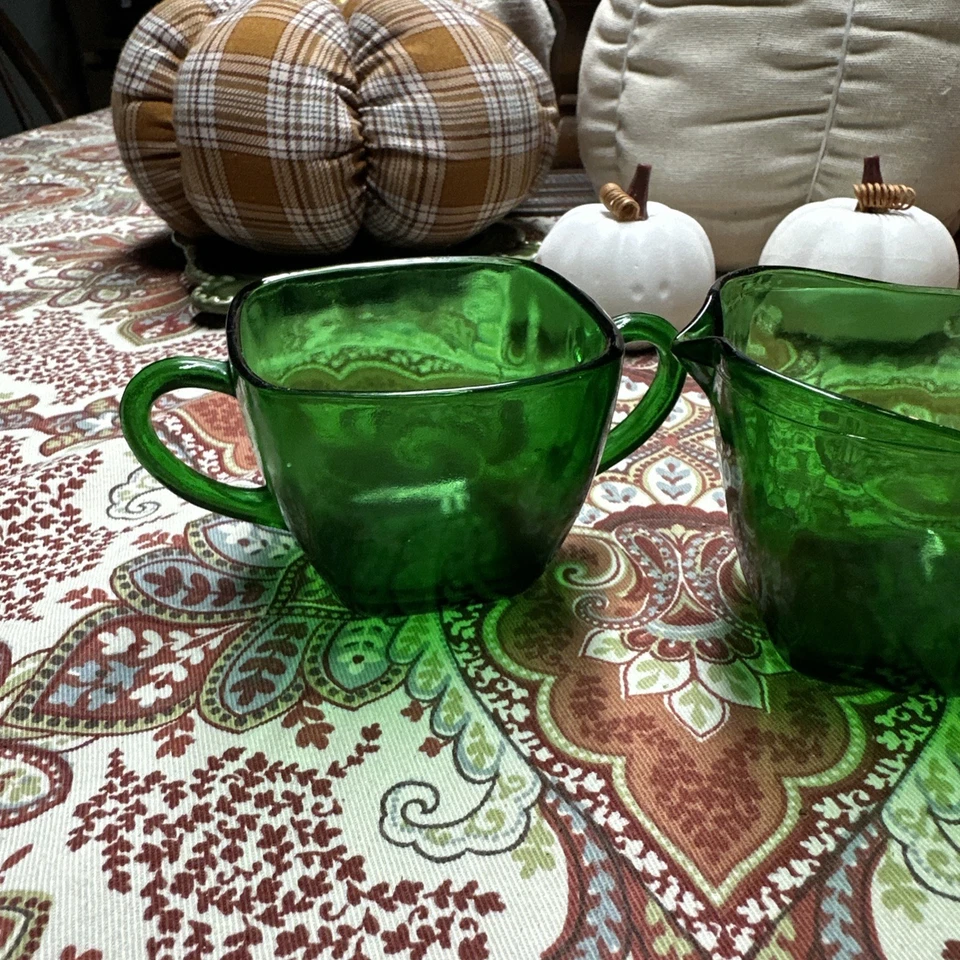 Lote Anchor Hocking Depresión Vidrio Bosque Tazas de Té Verde Crema Azúcar Contenedores Foto 4 de 4