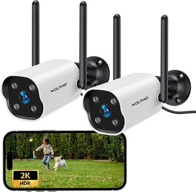 WOLFANG 2K Outdoor Überwachungskamera 2er Pack, CCTV Hausüberwachung 2er Pack 