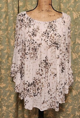 New Directions Women's 2X Off White & Brown Long Sleeve Lightweight Top