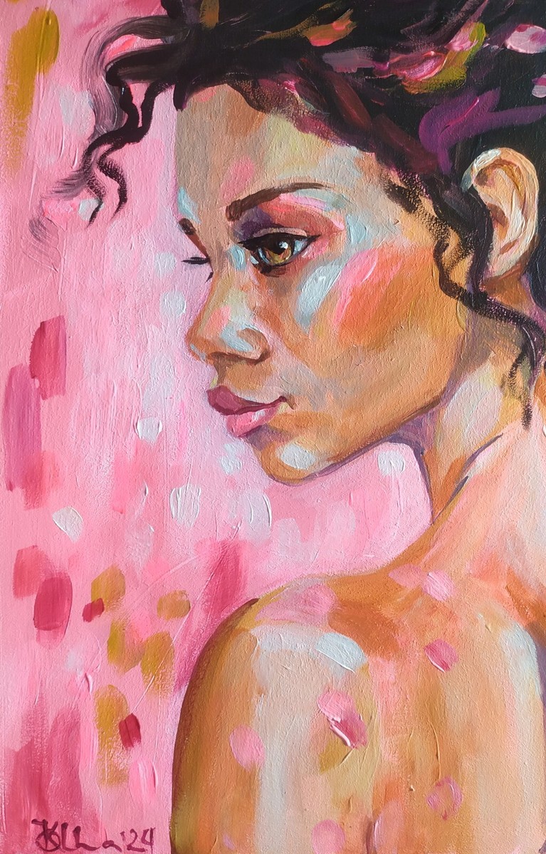 Acrylic original painting on panel with brunette woman portrait on