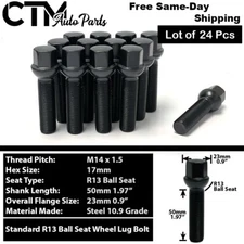 24x Black 14x1.5 Ball Seat Lug Bolt 50mm Shank Fit Mercedes Sprinter Alloy Wheel