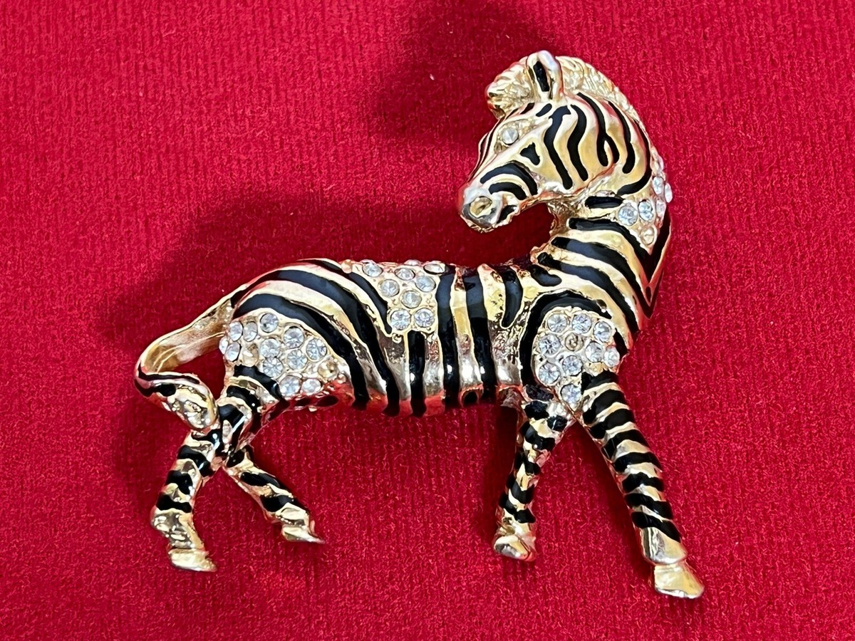 Vintage ZEBRA BROOCH PIN Gold Tone with Black Stripes