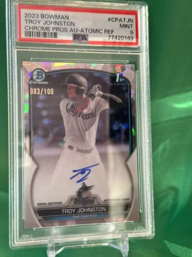 2023 Bowman Troy JohnstonAtomic Refractor /100 SP RC Rookie Auto PSA 9 Marlins