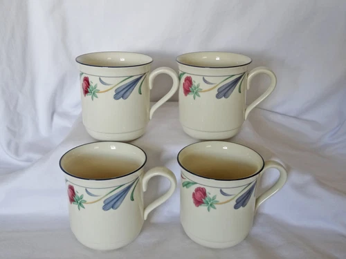 Lenox Chinastone Poppies on Blue - Set of 4 Coffee Mugs 3.75" High EUC