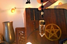 Handmade Clear Quartz Crystal Pendulum with Yak Bone Skulls for Divination + Bag