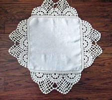 Vtg Table Topper 32" Square Beige Linen Deep Handmade Lace