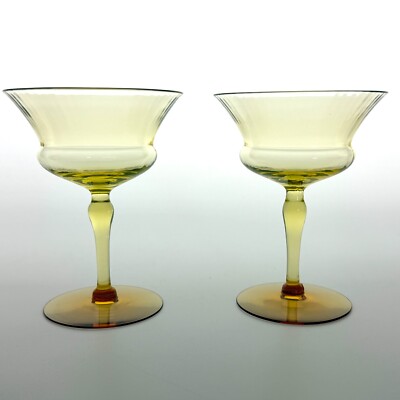 UTILITY GLASS WORKS Nilotus (2) Champagne Saucers Canary/Amber 1926 Flawless