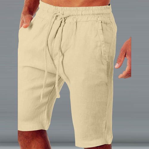 Mens Elasticated Cotton Linen Drawstring Cargo Shorts Beach Casual Half Pants - Picture 12 of 26