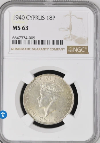 CYPRUS 18 piastres 1940 in MS63. NGC Graded !! RARE in this Grade