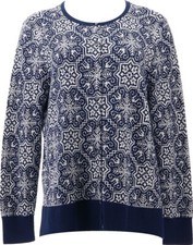 Lands' End Long Slv Supima Jacquard Cardigan Deep Sea Snowflakes 1X NWOT 766 