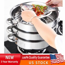 3 Tier Steamer Hot Pot Stainless Steel Cooker Steam Pot Food Cooking + Glass Lid
