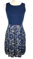 Karin Stevens Navy Blue Lace Mix Mini Fit & Flare Cocktail Dress Women Size 6