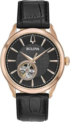 Bulova Automatic Classic Mens Wrist Watch Black Leather Strap 97A140