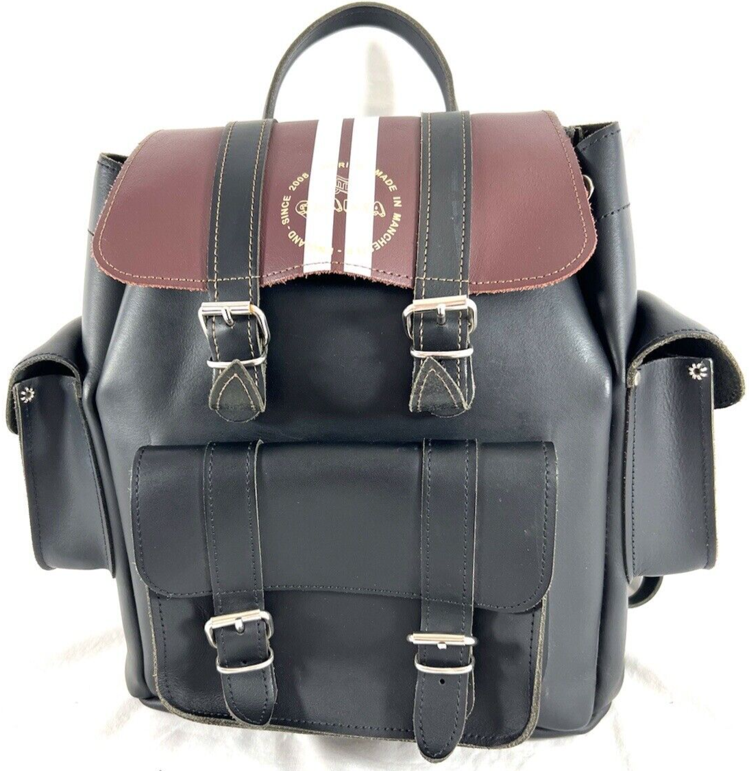 Grafea England leather バックパック GRAFEA Black & Burgundy Leather Flap Backpack Bag Made in
