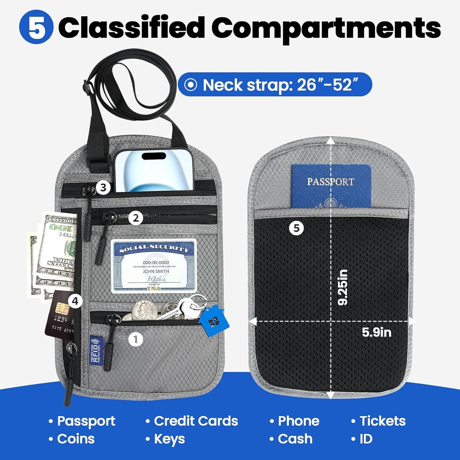 Anti-Theft RFID Blocking Travel Neck Wallet Passport Holder, Gray  NEW