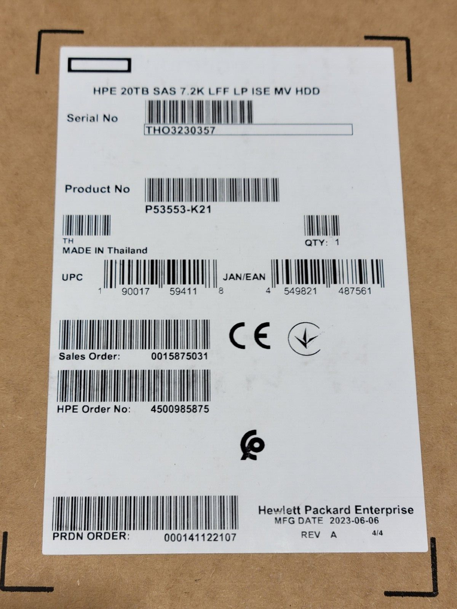 NEW P53553-K21 HPE 20TB SAS 7.2K 3.5'' LFF LP ISE MV HDD NEW P53553-K21 HPE 20TB SAS 7.2K 3.5'' LFF LP ISE MV HDD