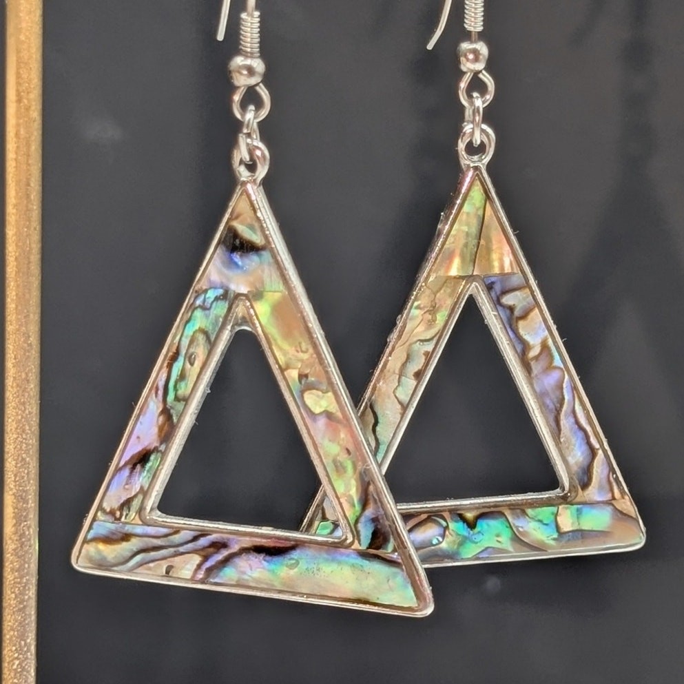 Silver Tone Abalone Shell Triangle Dangle Earrings - image 6