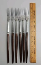 Vintage Set of 6 3-Prong Fondue Forks Wooden Handle Stainless Steel  Japan