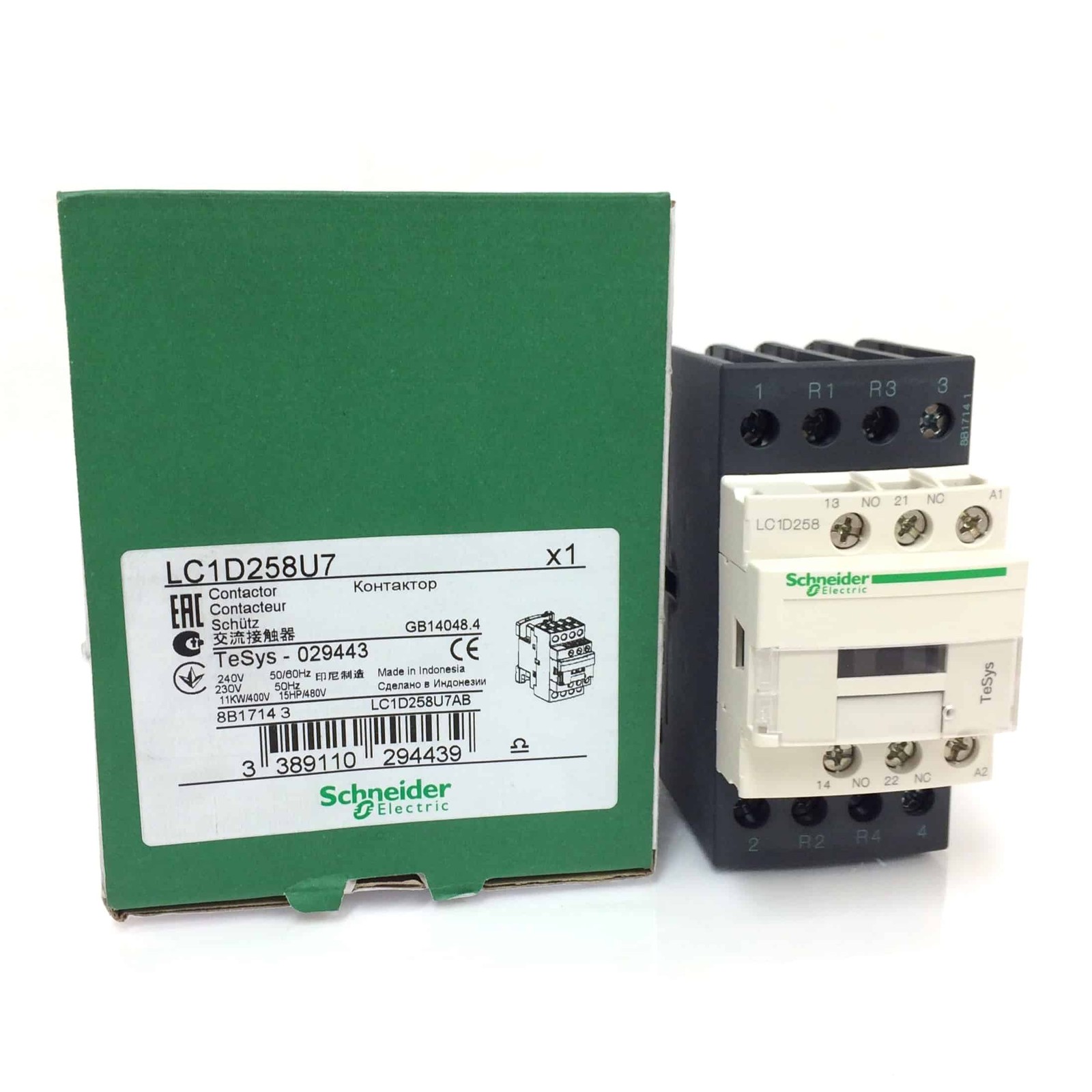 Contactor LC1D258U7 Schneider 4P (2NO 2NC) 1NC + 1NO Aux 240VAC 25A 11kW