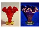 FENTON Amberina Hobnail Glass Bud Vase Crested Ruffle Top 3 3/4” Vintage Retired
