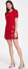 Crystal Doll Mini Dress Size M Red Fit  Flare Rhinestone Bows Puff Sleeve APR14