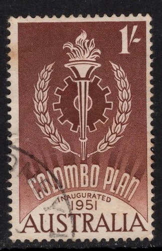 AUST  1961  1/- RED-BROWN COLOMBO PLAN STAMP VFU*