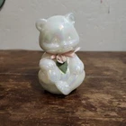 Vintage Fenton White Iridescent Glass Teddy Bear Figurine Pink Rose and Bow