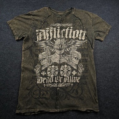 Affliction T-Shirt Brown Dead or Alive Knight Studded Distressed Y2K Men's L