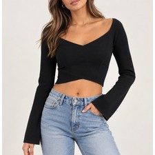 House of CB Off The Shoulder Long Flare Sleeve Crop Top in Black sz S