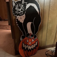 Antique Halloween Decoration Black Cat Pumpkin Huge Diecut Wood 1920s