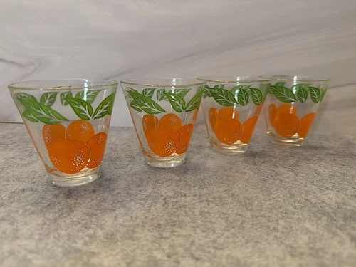 VTG MCM Set Of 4 Anchor Hocking Oranges Pattern Juice Glasses “Swanky Swigs” 5oz