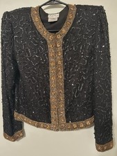 Vintage Jacket Small 80s Stenay Silk Black Gold Beaded Sequined Luxury Mob Wife