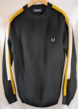 Fred Perry K7523 Textured Crew Neck Jumper Black Yellow White Size M
