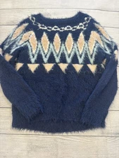 Lauren Conrad Sweater Womens Small Navy Fuzzy Eyelash Knit Fair Isle Pullover