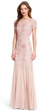 Adrianna Papell Blush Beaded Godet Gown with Sheer short Sleeve   Petites  12P
