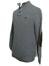 Chaps Ralph Lauren Sweater Men M VTG Button Neck Pull Over Elbows Cotton Grey