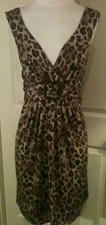Brown Sleeveless Animal Print V Neck Dress W Belted Ruched Waist￼