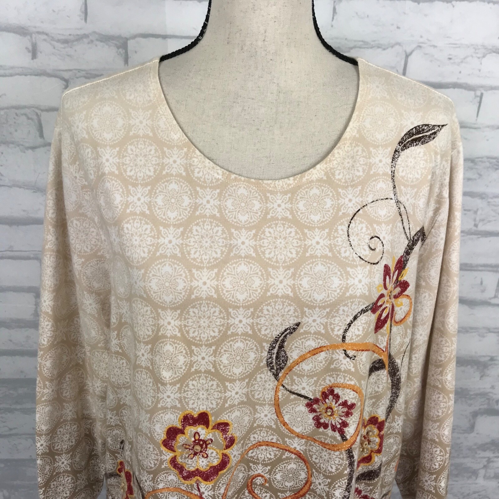 Alfred Dunner Floral Top Shirt Size XL Embellished/Beaded 3/4 Sleeve Knit Cotton