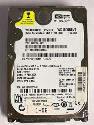 160 GB SATA NOTEBOOK  FESTPLATTE WESTERN DIGITAL WD1600BEVT  2,5 ''#NFP492
