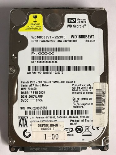 160 GB SATA NOTEBOOK  FESTPLATTE WESTERN DIGITAL WD1600BEVT  2,5 "#NFP492