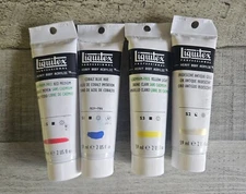 4 Liquitex Heavy Body Paint Cad-Free Yellow & Red Med Cobalt Blue Antique Gold