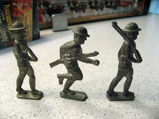 Vintage Lot of 3 WW1 Unpainted Lead Soldiers - 3 Riflemen, One Running 3.5"T