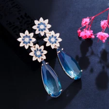 Vivid Double Flower Blue CZ Big Long Dangle Drop Earring for Women Party Jewelry