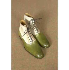 New Handmade White & Olive Green Leather Formal Lace Up Dress Boots For Mens