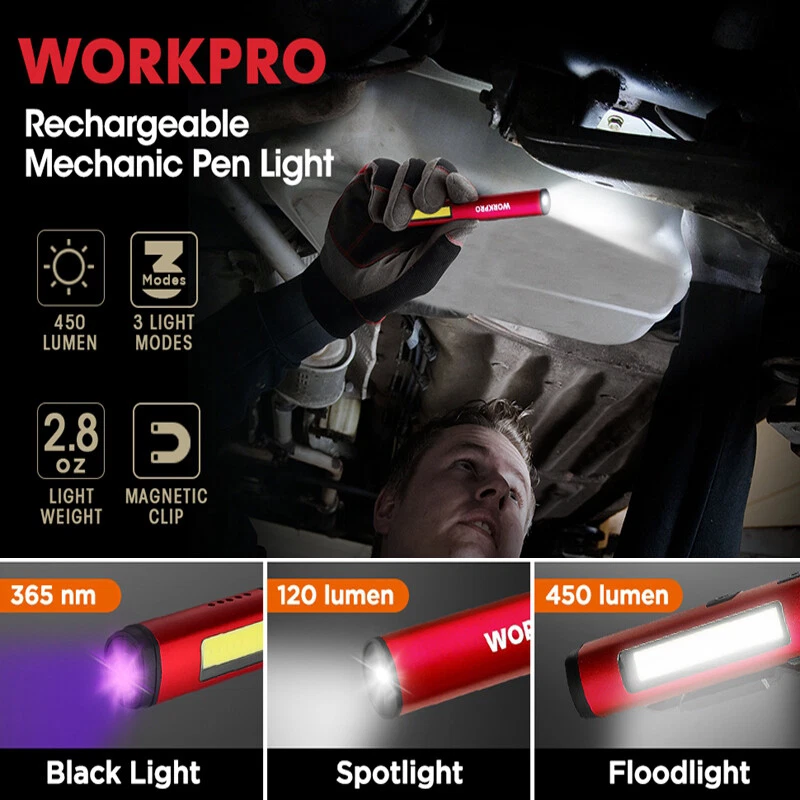 WORKPRO USB Rechargable LED Flashlight UV Black Light 450 Lumen Pocket Pen Light - Image 3 of 4
