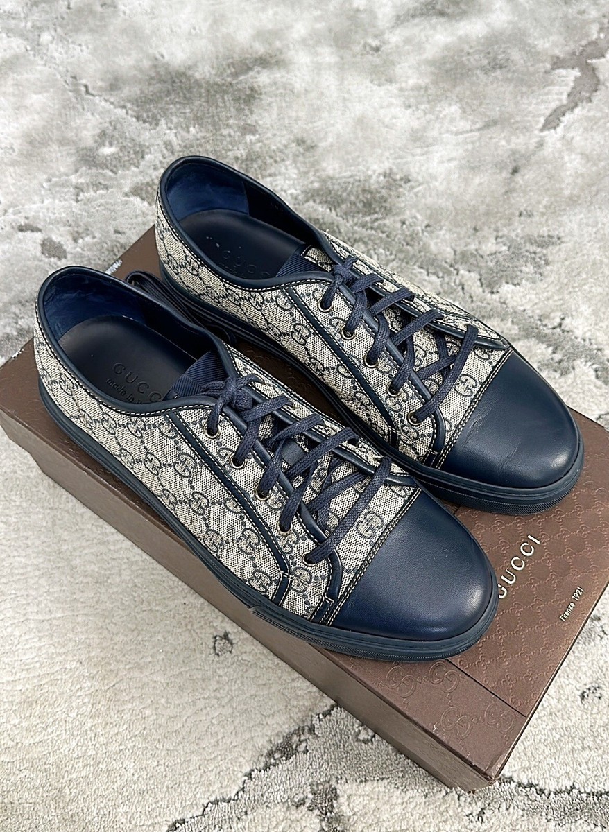 Authentic Gucci Monogram Beige/Blue Canvas Leather Men Sneaker
