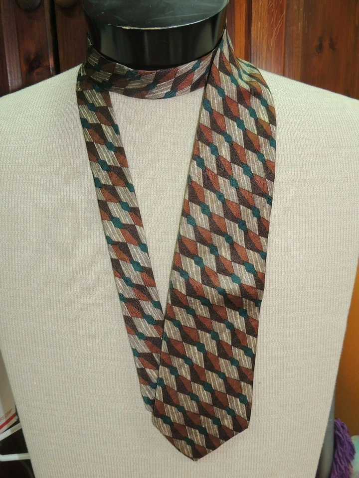 Corbata/Corbata Ungaro Paris Italia Cuello Seda Marrón Verde Beige Geométrica 58"x3.75" Foto 2 de 4