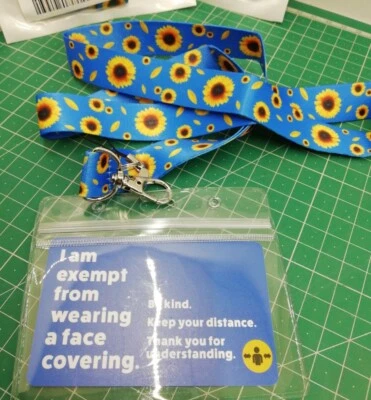 1x Face Covering Exemption Hidden Disabilities PVC Card Sunflower Lanyard - Blue